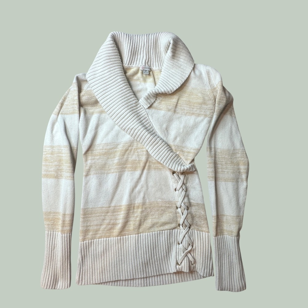 Guess Sweater Womens S Q63R08Z0610 Cream Beige Striped Lace Up Shawl Collar